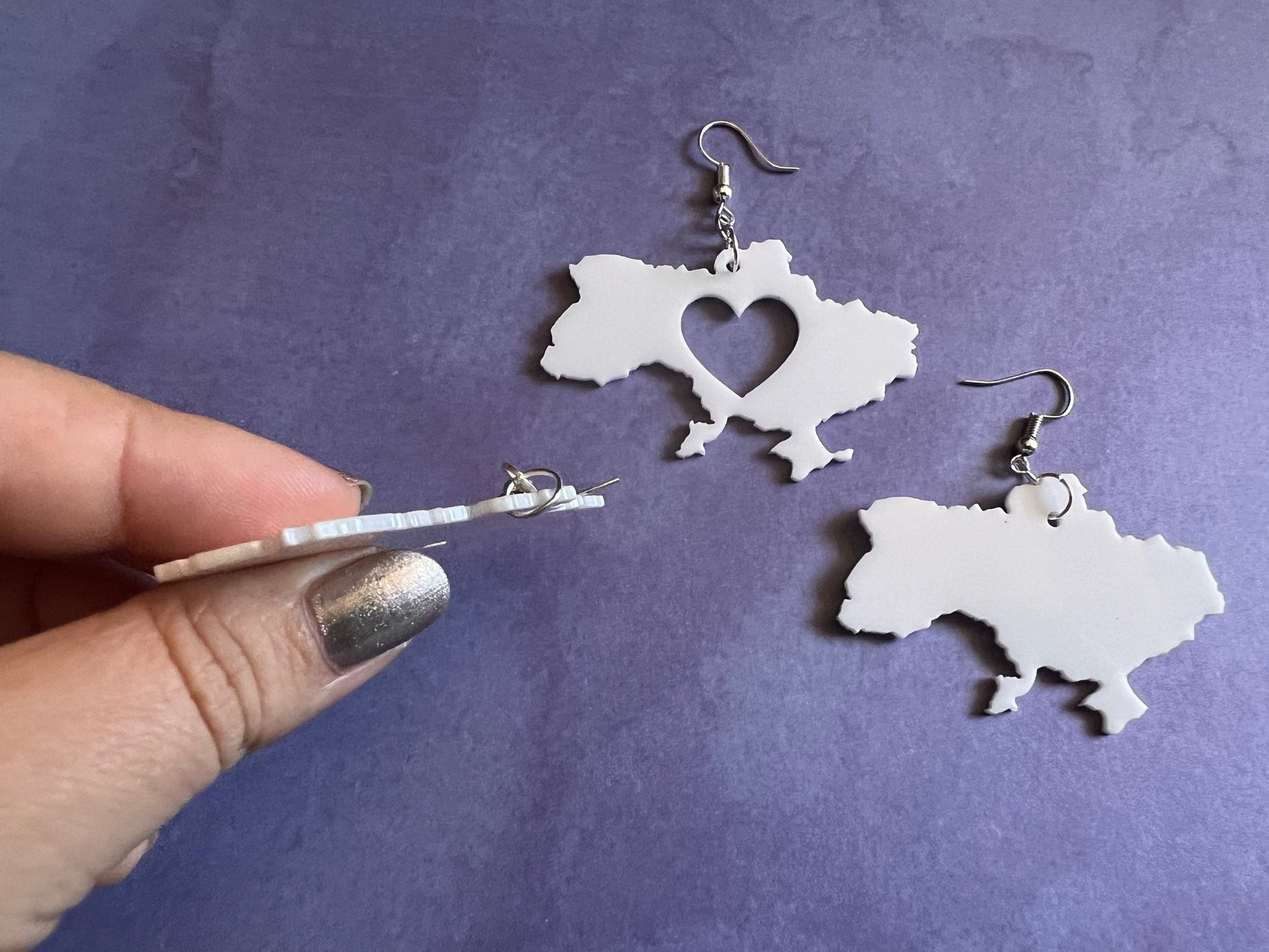 Custom Ukraine Earrings with Heart: Laser Cut Acrylic, Travel, Patriotic, Support Ukraine, Geography Teacher Gift, Gifts for Her/Him/Them