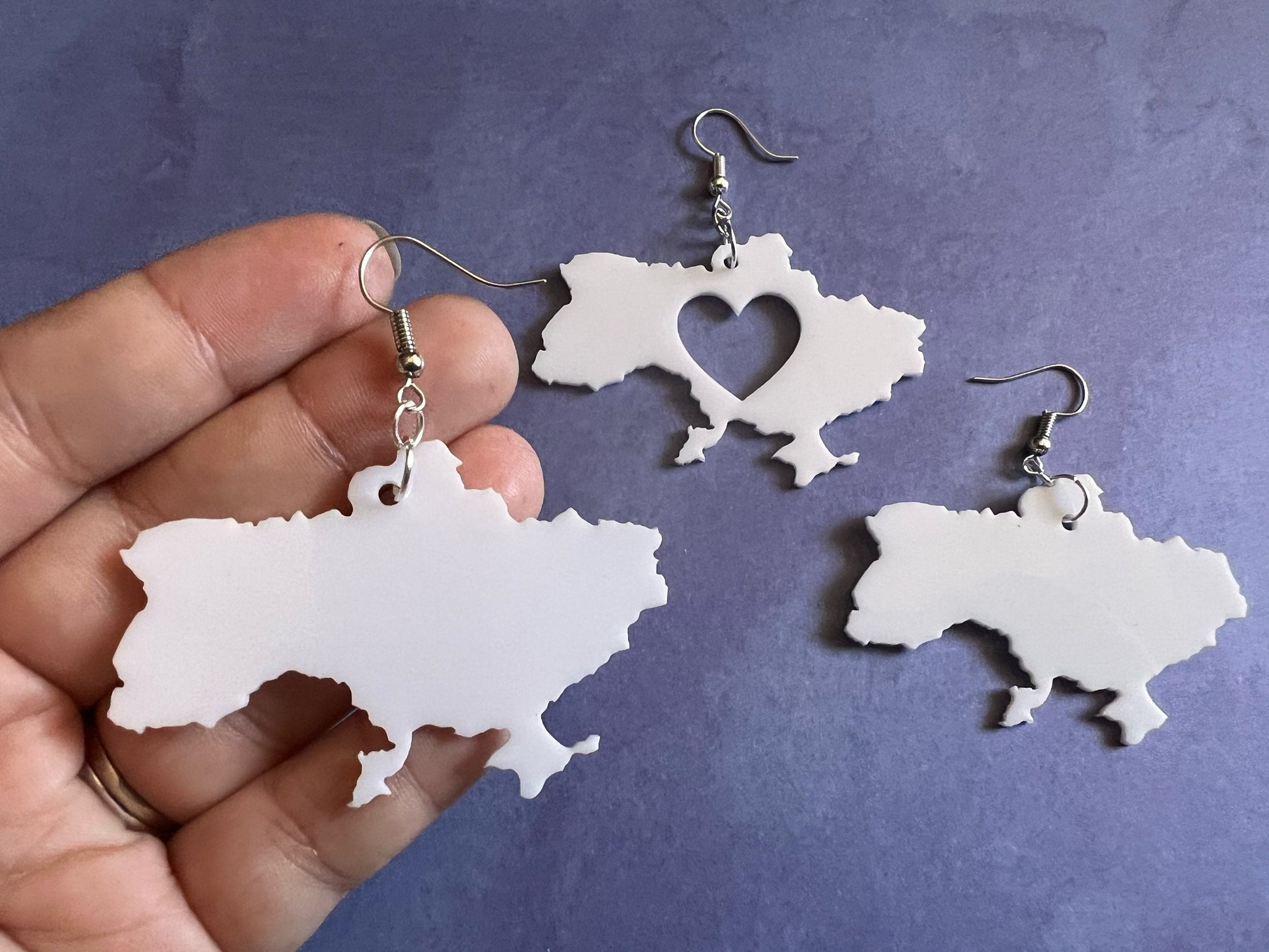 Custom Ukraine Earrings with Heart: Laser Cut Acrylic, Travel, Patriotic, Support Ukraine, Geography Teacher Gift, Gifts for Her/Him/Them