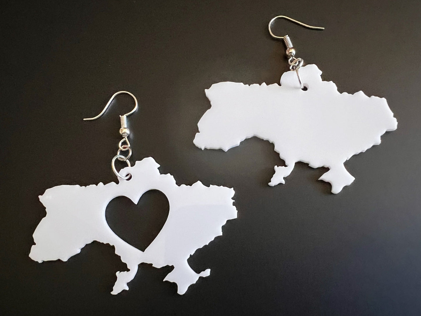 Custom Ukraine Earrings with Heart: Laser Cut Acrylic, Travel, Patriotic, Support Ukraine, Geography Teacher Gift, Gifts for Her/Him/Them
