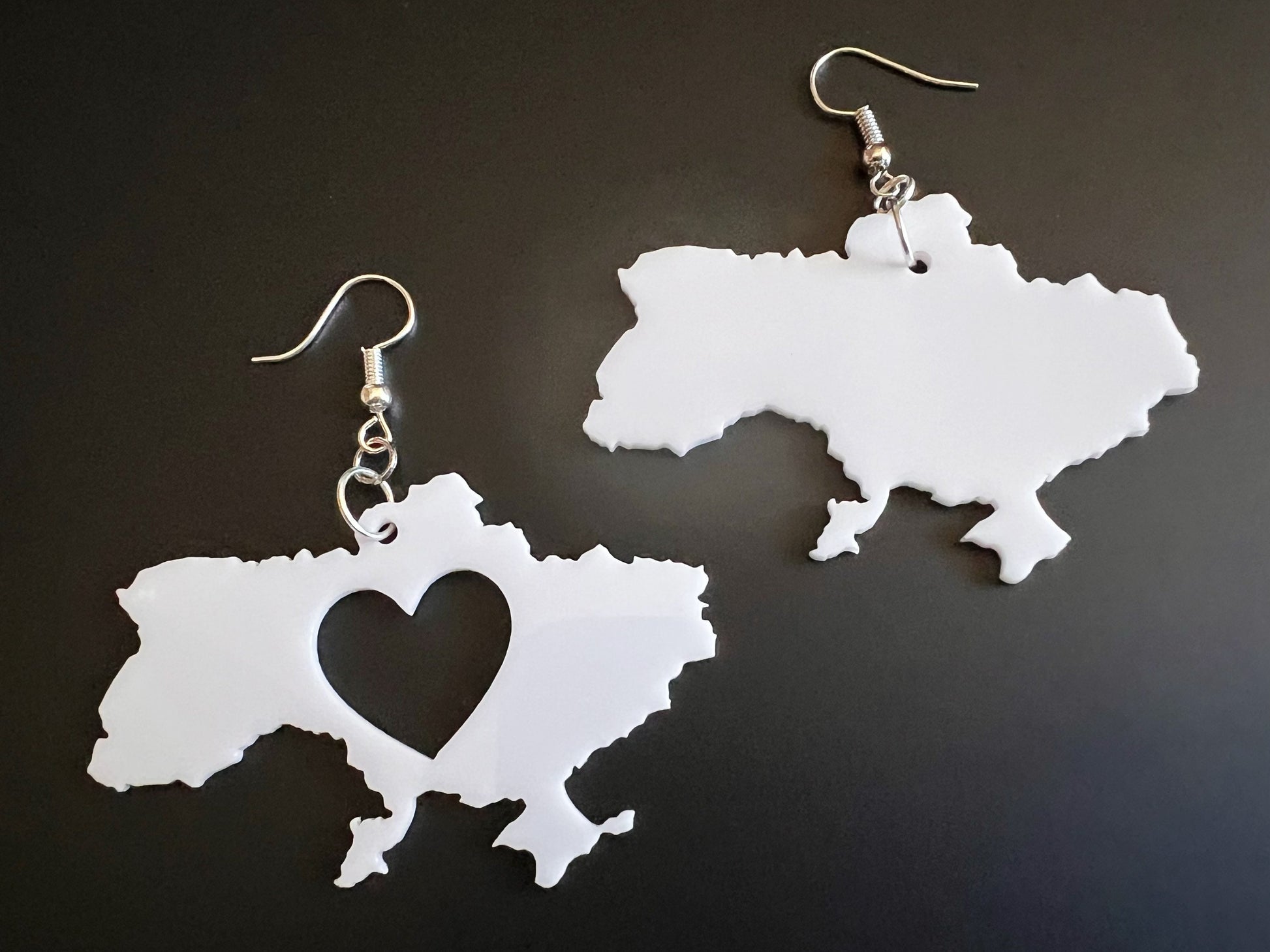 Custom Ukraine Earrings with Heart: Laser Cut Acrylic, Travel, Patriotic, Support Ukraine, Geography Teacher Gift, Gifts for Her/Him/Them