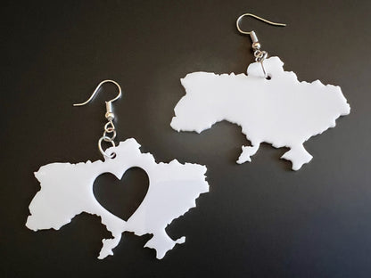 Custom Ukraine Earrings with Heart: Laser Cut Acrylic, Travel, Patriotic, Support Ukraine, Geography Teacher Gift, Gifts for Her/Him/Them