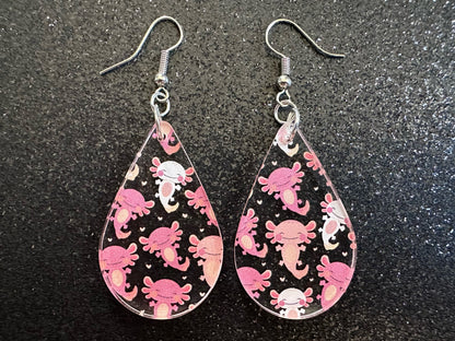 Cute Pink Axolotl Earrings: Laser Cut Acrylic Axolotls, Aquarium, Fish, Pet, Marine Animals, Animal, Snorkel, Best Gifts for Her/Him/Them