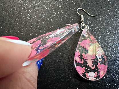 Cute Pink Axolotl Earrings: Laser Cut Acrylic Axolotls, Aquarium, Fish, Pet, Marine Animals, Animal, Snorkel, Best Gifts for Her/Him/Them
