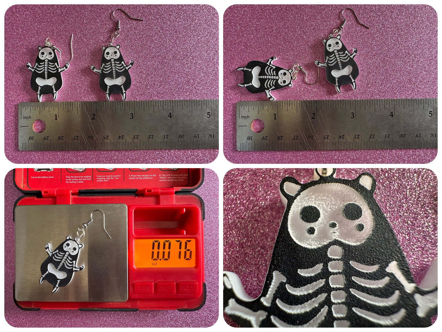 Dainty Halloween Bear Earrings: Laser Cut Acrylic Bears, Mammal Skeleton, Novelty Costume Jewelry, Gag Gift, Best Gifts for Her/Him/Them