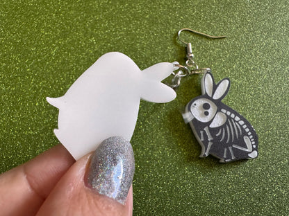 Dainty Halloween Bunny Earrings: Laser Cut Acrylic Rabbit, Rodent Skeleton, Bunnies, Rabbits, Gag Gift, Best Gifts for Her/Him/Them