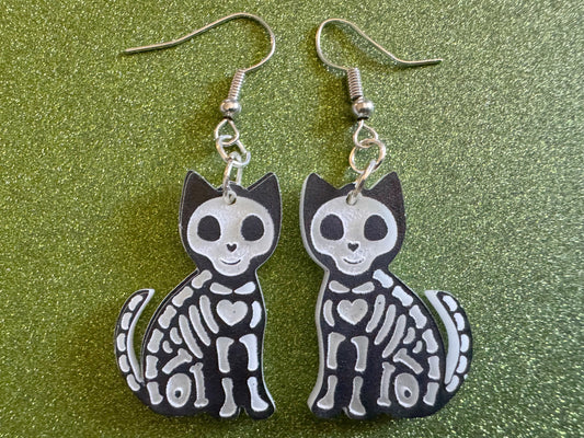 Dainty Halloween Cat Earrings: Laser Cut Acrylic Cat Skeletons, Black Cats, Spooky Cats, Kittens, Felines, Meow, Best Gifts for Her/Him/Them