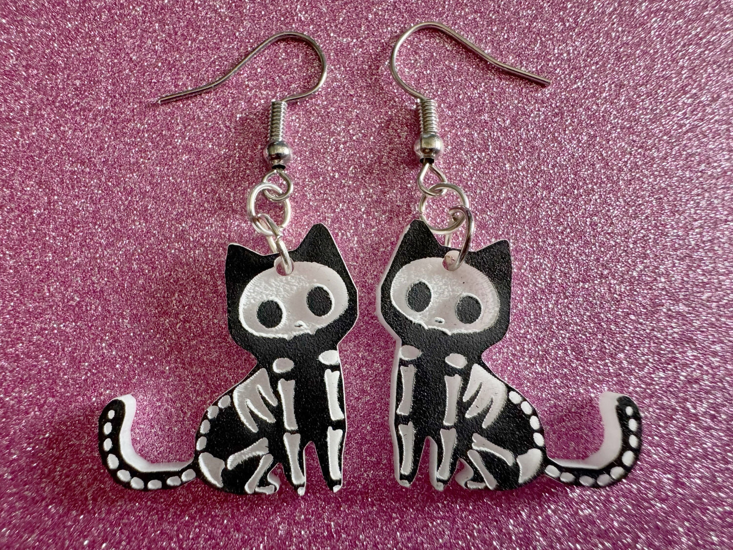 Dainty Halloween Cat Earrings: Laser Cut Acrylic Cat Skeletons, Black Cats, Spooky Cats, Kittens, Felines, Meow, Best Gifts for Her/Him/Them