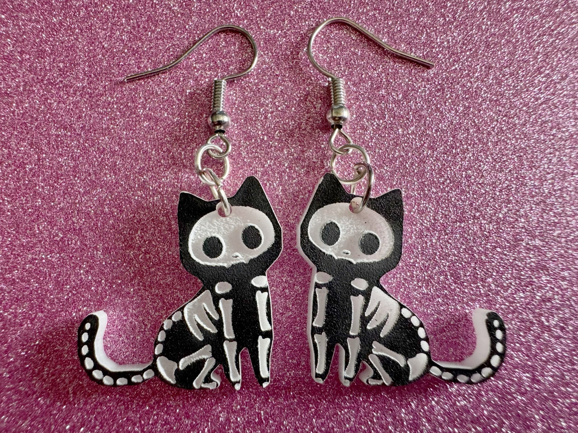Dainty Halloween Cat Earrings: Laser Cut Acrylic Cat Skeletons, Black Cats, Spooky Cats, Kittens, Felines, Meow, Best Gifts for Her/Him/Them