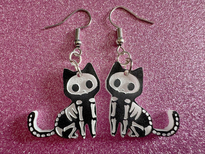 Dainty Halloween Cat Earrings: Laser Cut Acrylic Cat Skeletons, Black Cats, Spooky Cats, Kittens, Felines, Meow, Best Gifts for Her/Him/Them