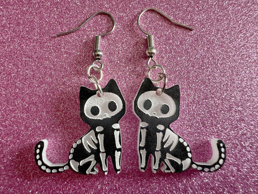 Dainty Halloween Cat Earrings: Laser Cut Acrylic Cat Skeletons, Black Cats, Spooky Cats, Kittens, Felines, Meow, Best Gifts for Her/Him/Them