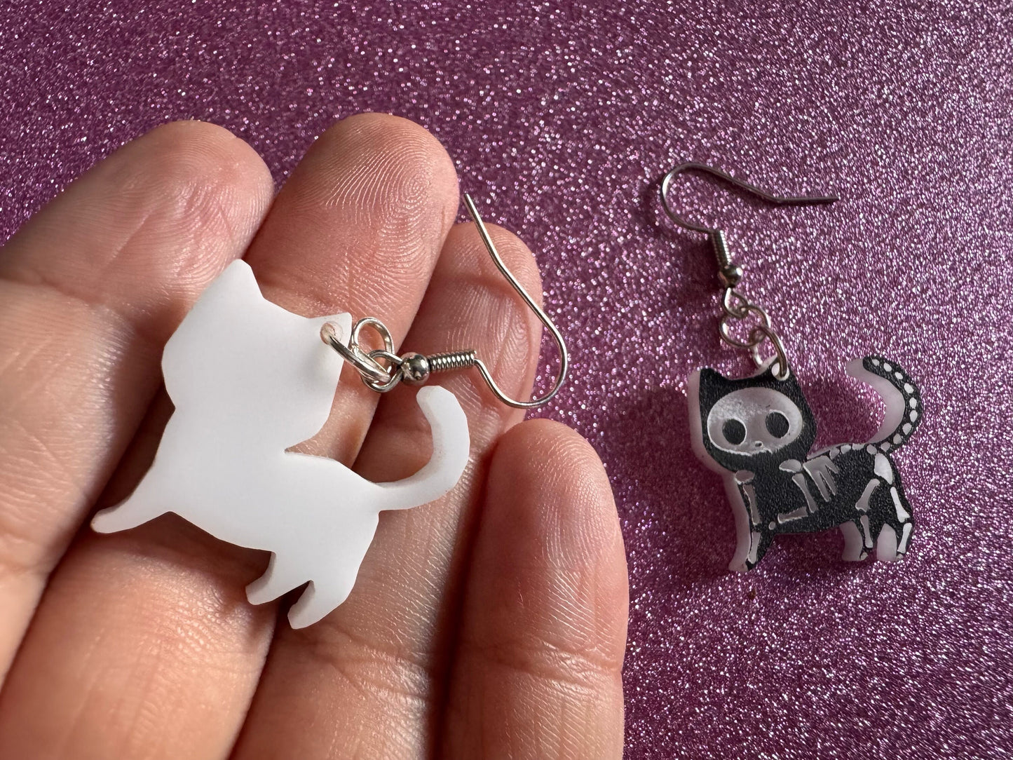 Dainty Halloween Cat Earrings: Laser Cut Acrylic Cat Skeletons, Black Cats, Spooky Cats, Kittens, Felines, Meow, Best Gifts for Her/Him/Them