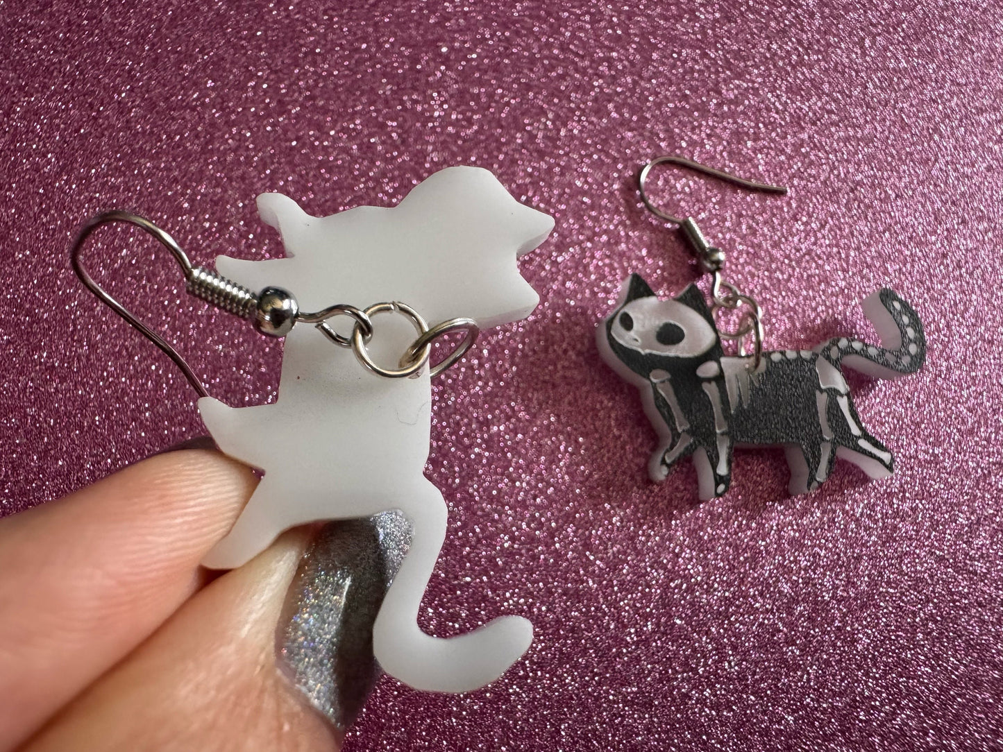 Dainty Halloween Cat Earrings: Laser Cut Acrylic Cat Skeletons, Black Cats, Spooky Cats, Kittens, Felines, Meow, Best Gifts for Her/Him/Them
