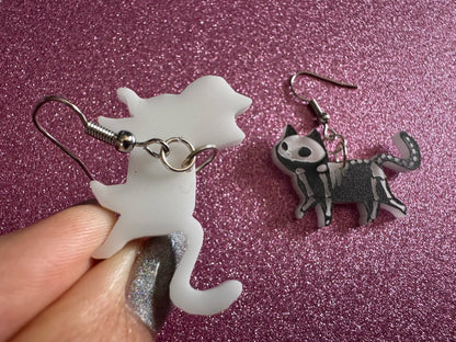 Dainty Halloween Cat Earrings: Laser Cut Acrylic Cat Skeletons, Black Cats, Spooky Cats, Kittens, Felines, Meow, Best Gifts for Her/Him/Them