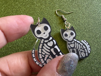 Dainty Halloween Cat Earrings: Laser Cut Acrylic Cat Skeletons, Black Cats, Spooky Cats, Kittens, Felines, Meow, Best Gifts for Her/Him/Them