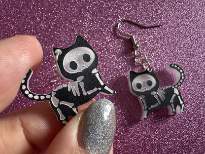 Dainty Halloween Cat Earrings: Laser Cut Acrylic Cat Skeletons, Black Cats, Spooky Cats, Kittens, Felines, Meow, Best Gifts for Her/Him/Them