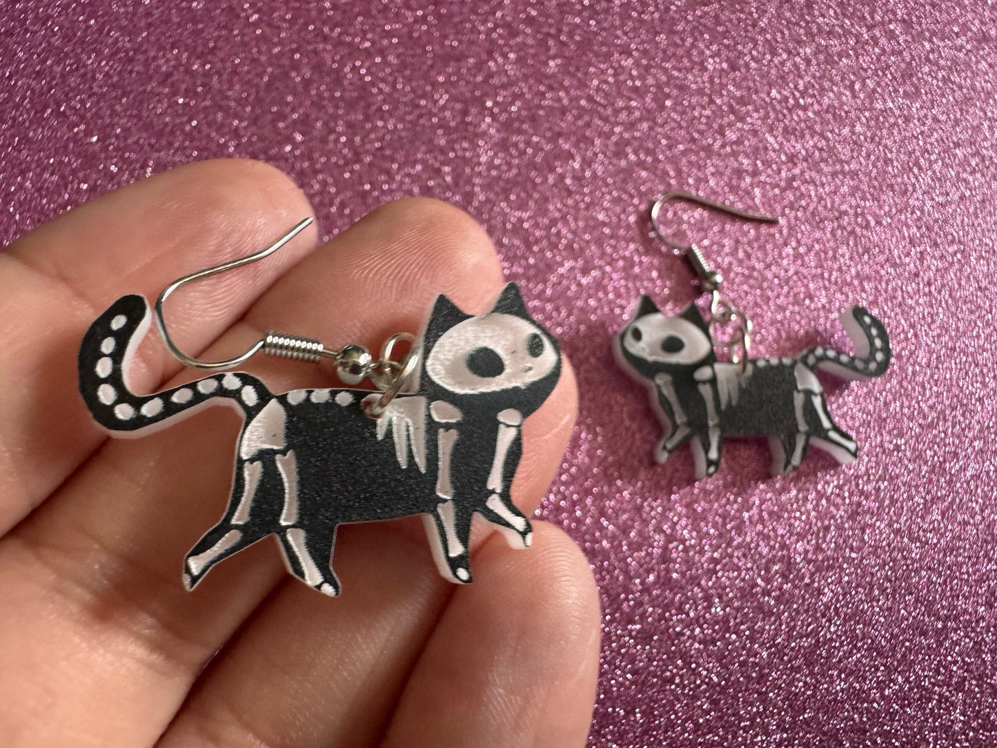 Dainty Halloween Cat Earrings: Laser Cut Acrylic Cat Skeletons, Black Cats, Spooky Cats, Kittens, Felines, Meow, Best Gifts for Her/Him/Them