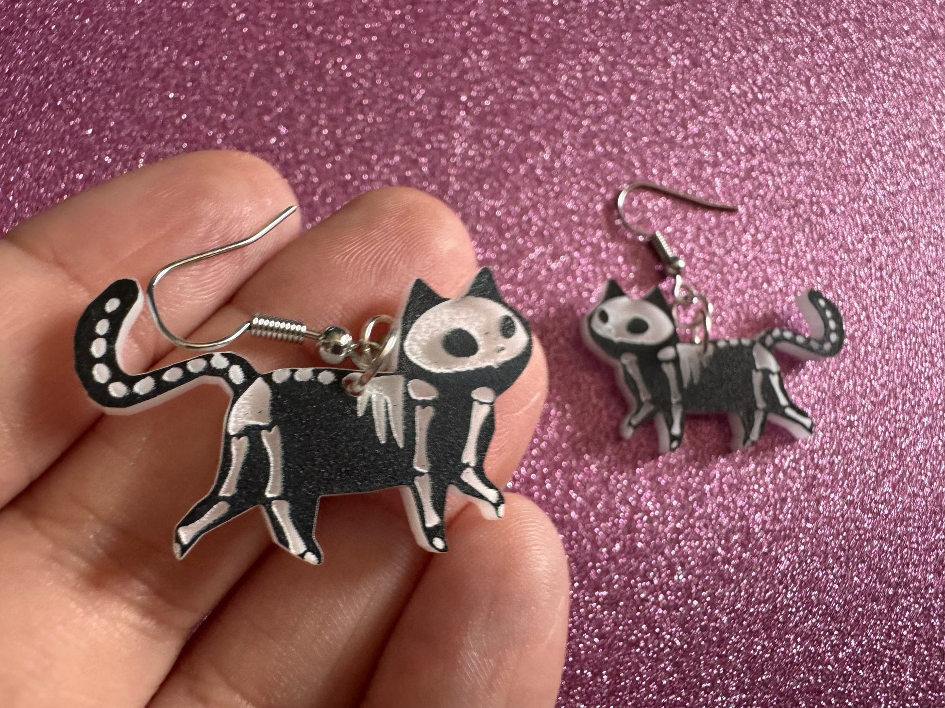 Dainty Halloween Cat Earrings: Laser Cut Acrylic Cat Skeletons, Black Cats, Spooky Cats, Kittens, Felines, Meow, Best Gifts for Her/Him/Them