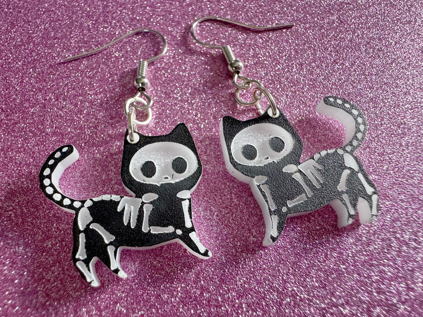 Dainty Halloween Cat Earrings: Laser Cut Acrylic Cat Skeletons, Black Cats, Spooky Cats, Kittens, Felines, Meow, Best Gifts for Her/Him/Them