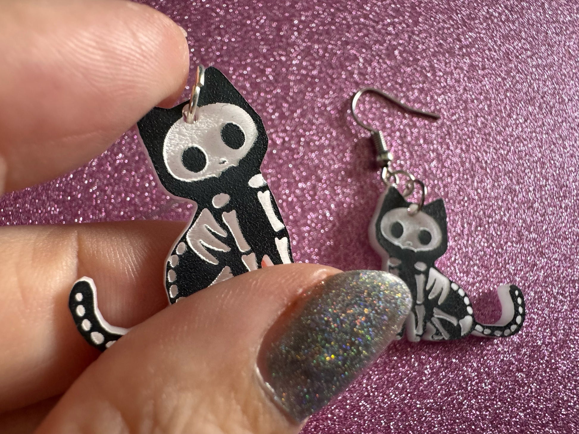 Dainty Halloween Cat Earrings: Laser Cut Acrylic Cat Skeletons, Black Cats, Spooky Cats, Kittens, Felines, Meow, Best Gifts for Her/Him/Them