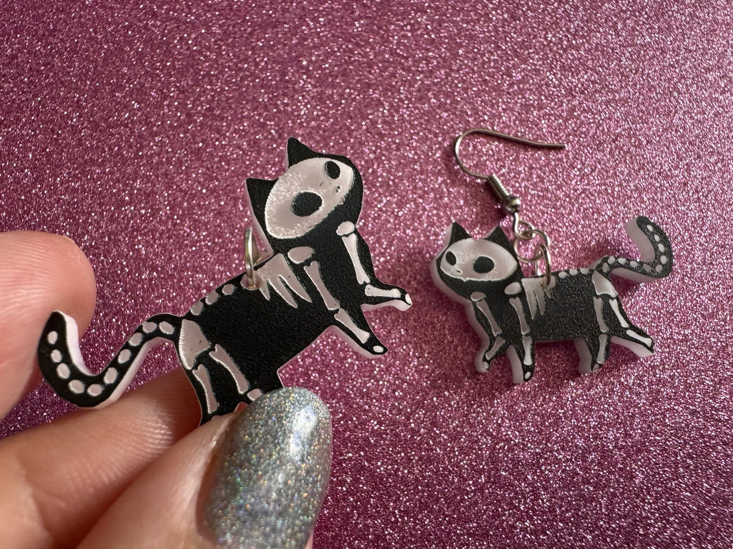 Dainty Halloween Cat Earrings: Laser Cut Acrylic Cat Skeletons, Black Cats, Spooky Cats, Kittens, Felines, Meow, Best Gifts for Her/Him/Them