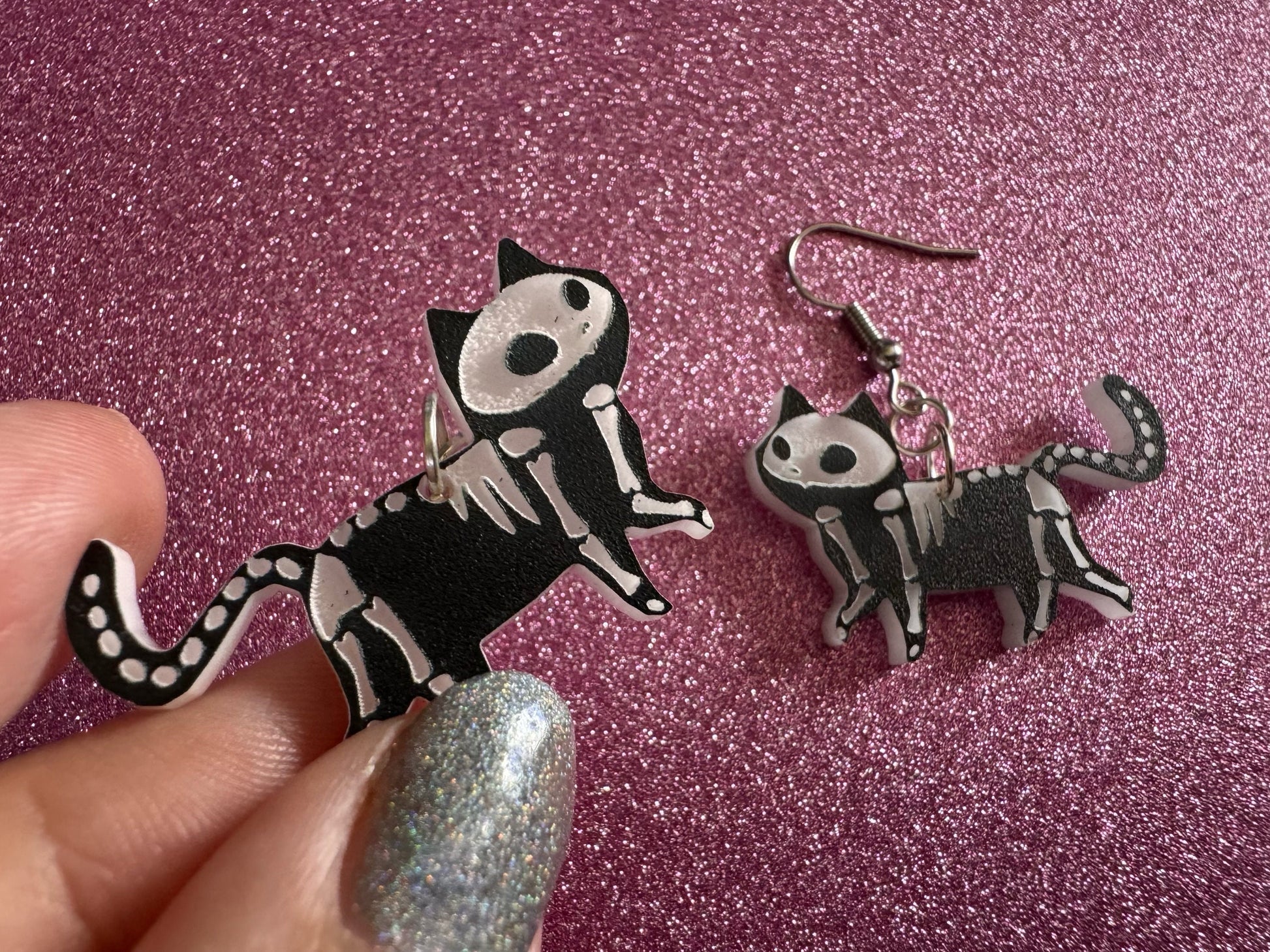 Dainty Halloween Cat Earrings: Laser Cut Acrylic Cat Skeletons, Black Cats, Spooky Cats, Kittens, Felines, Meow, Best Gifts for Her/Him/Them