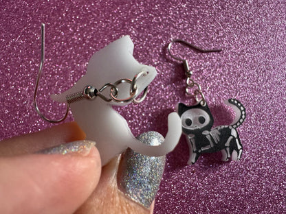 Dainty Halloween Cat Earrings: Laser Cut Acrylic Cat Skeletons, Black Cats, Spooky Cats, Kittens, Felines, Meow, Best Gifts for Her/Him/Them