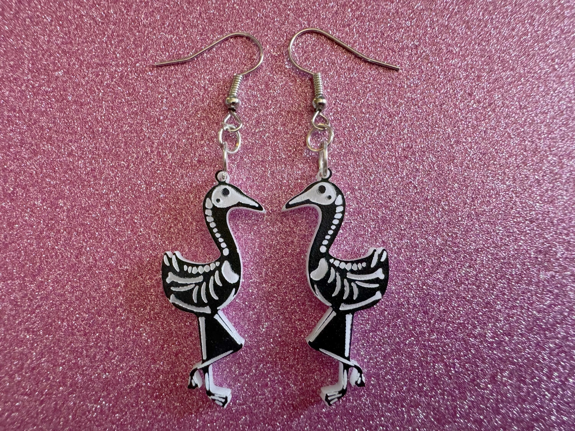Dainty Halloween Flamingo Earrings: Laser Cut Acrylic Flamingos, Skeleton, Novelty Costume Jewelry, Gag Gift, Best Gifts for Her/Him/Them
