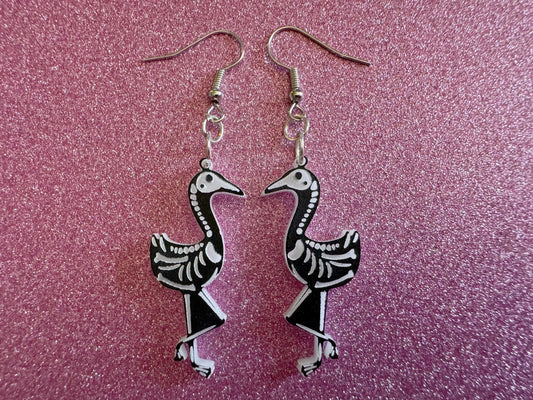 Dainty Halloween Flamingo Earrings: Laser Cut Acrylic Flamingos, Skeleton, Novelty Costume Jewelry, Gag Gift, Best Gifts for Her/Him/Them
