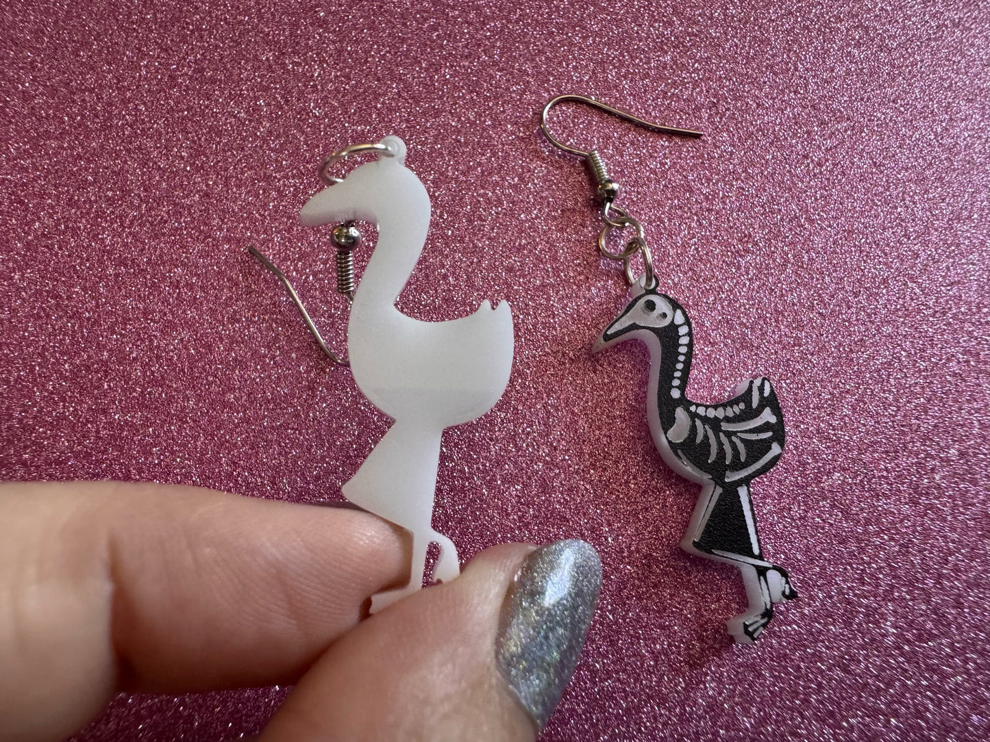 Dainty Halloween Flamingo Earrings: Laser Cut Acrylic Flamingos, Skeleton, Novelty Costume Jewelry, Gag Gift, Best Gifts for Her/Him/Them