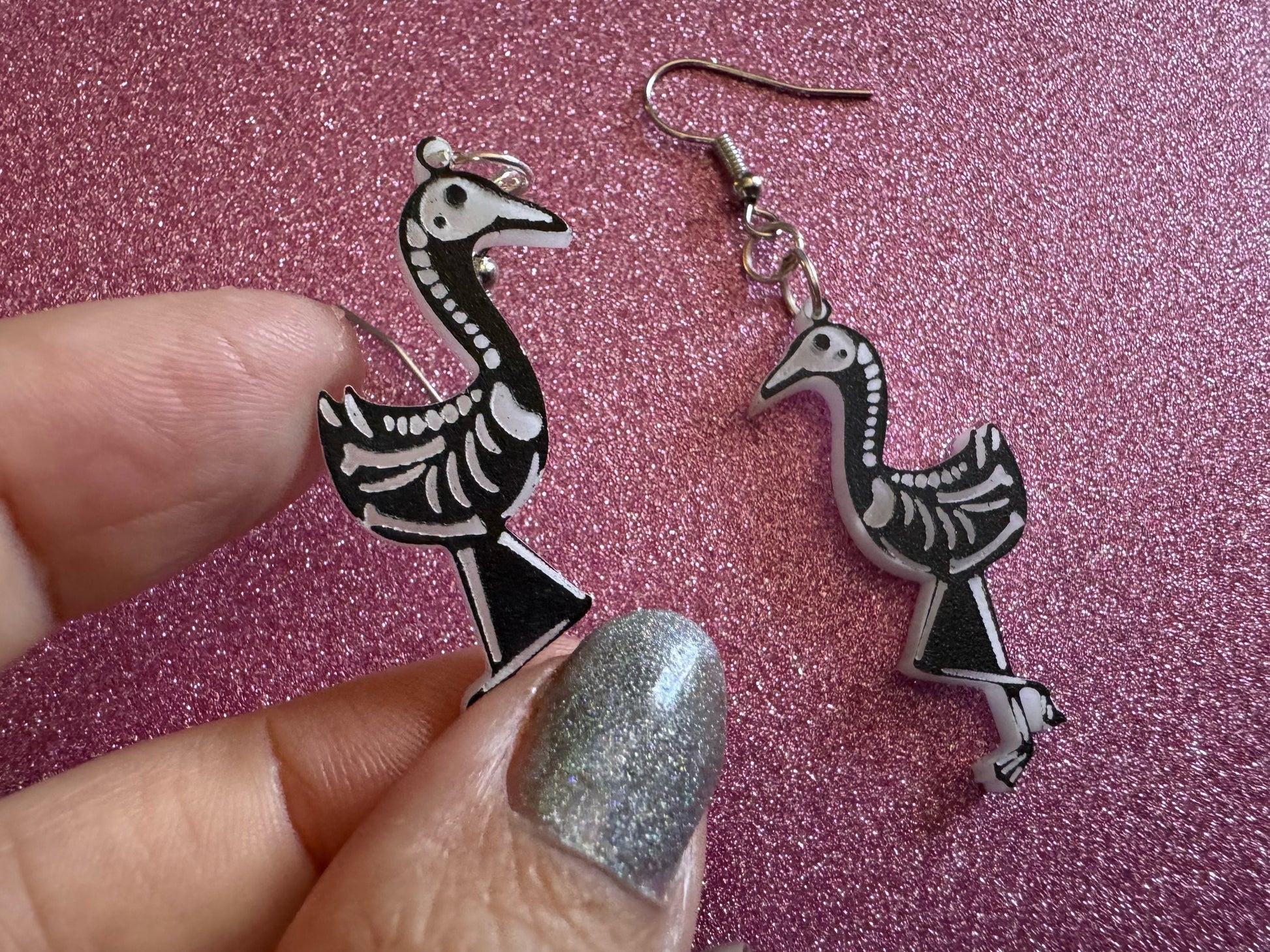 Dainty Halloween Flamingo Earrings: Laser Cut Acrylic Flamingos, Skeleton, Novelty Costume Jewelry, Gag Gift, Best Gifts for Her/Him/Them