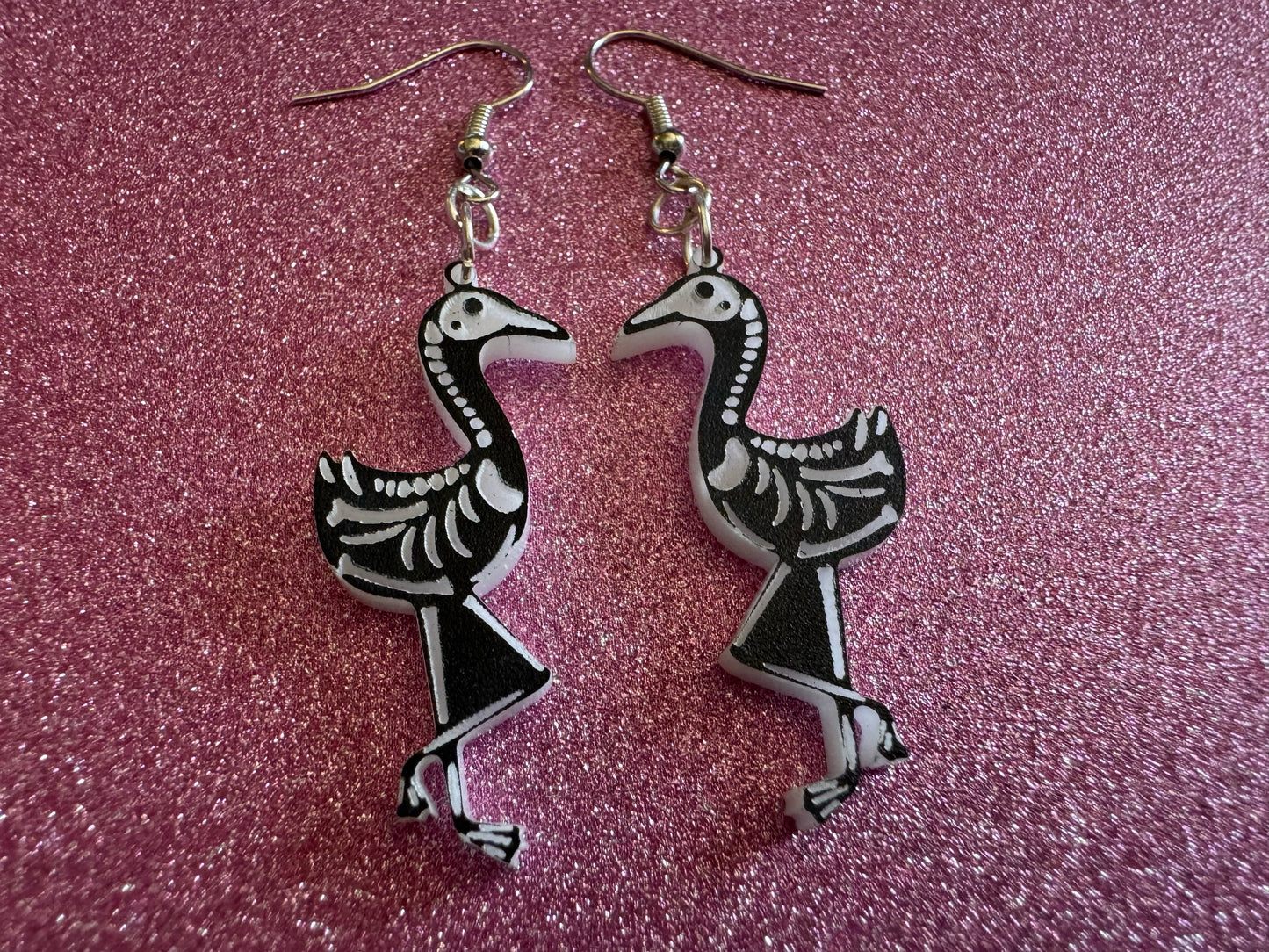 Dainty Halloween Flamingo Earrings: Laser Cut Acrylic Flamingos, Skeleton, Novelty Costume Jewelry, Gag Gift, Best Gifts for Her/Him/Them