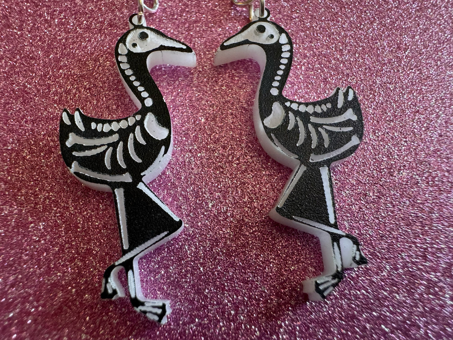 Dainty Halloween Flamingo Earrings: Laser Cut Acrylic Flamingos, Skeleton, Novelty Costume Jewelry, Gag Gift, Best Gifts for Her/Him/Them
