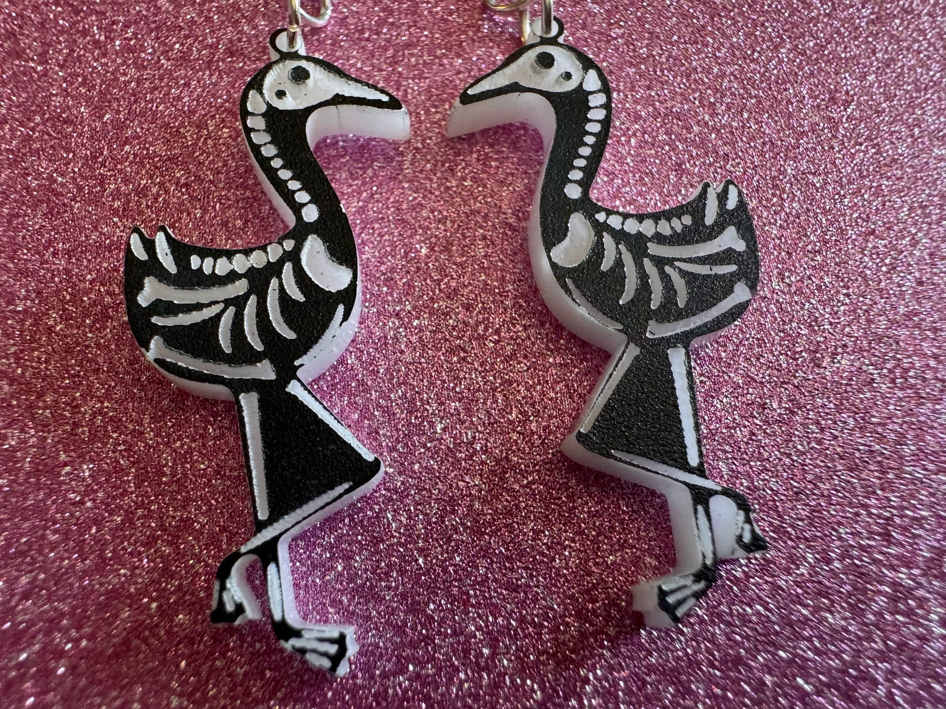 Dainty Halloween Flamingo Earrings: Laser Cut Acrylic Flamingos, Skeleton, Novelty Costume Jewelry, Gag Gift, Best Gifts for Her/Him/Them