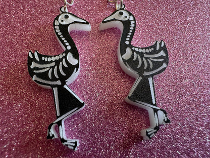 Dainty Halloween Flamingo Earrings: Laser Cut Acrylic Flamingos, Skeleton, Novelty Costume Jewelry, Gag Gift, Best Gifts for Her/Him/Them