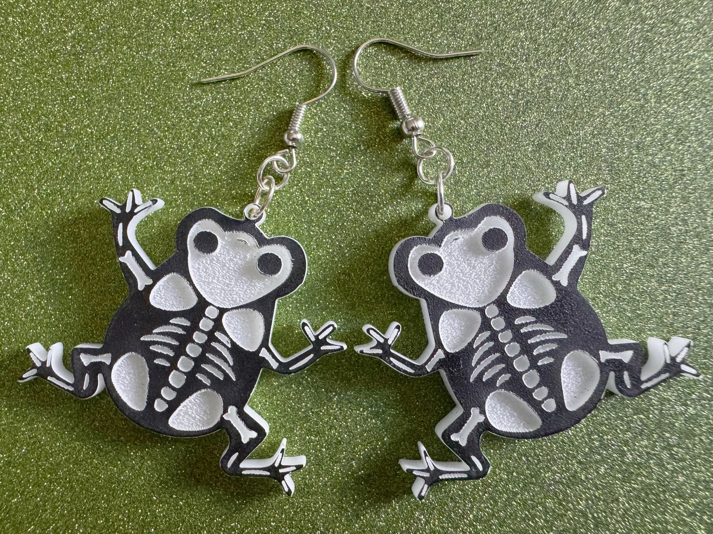 Dainty Halloween Frog Earrings: Laser Cut Acrylic Frogs, Amphibian Skeleton, Novelty Costume Jewelry, Gag Gift, Best Gifts for Her/Him/Them