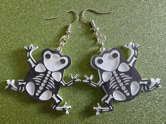 Dainty Halloween Frog Earrings: Laser Cut Acrylic Frogs, Amphibian Skeleton, Novelty Costume Jewelry, Gag Gift, Best Gifts for Her/Him/Them