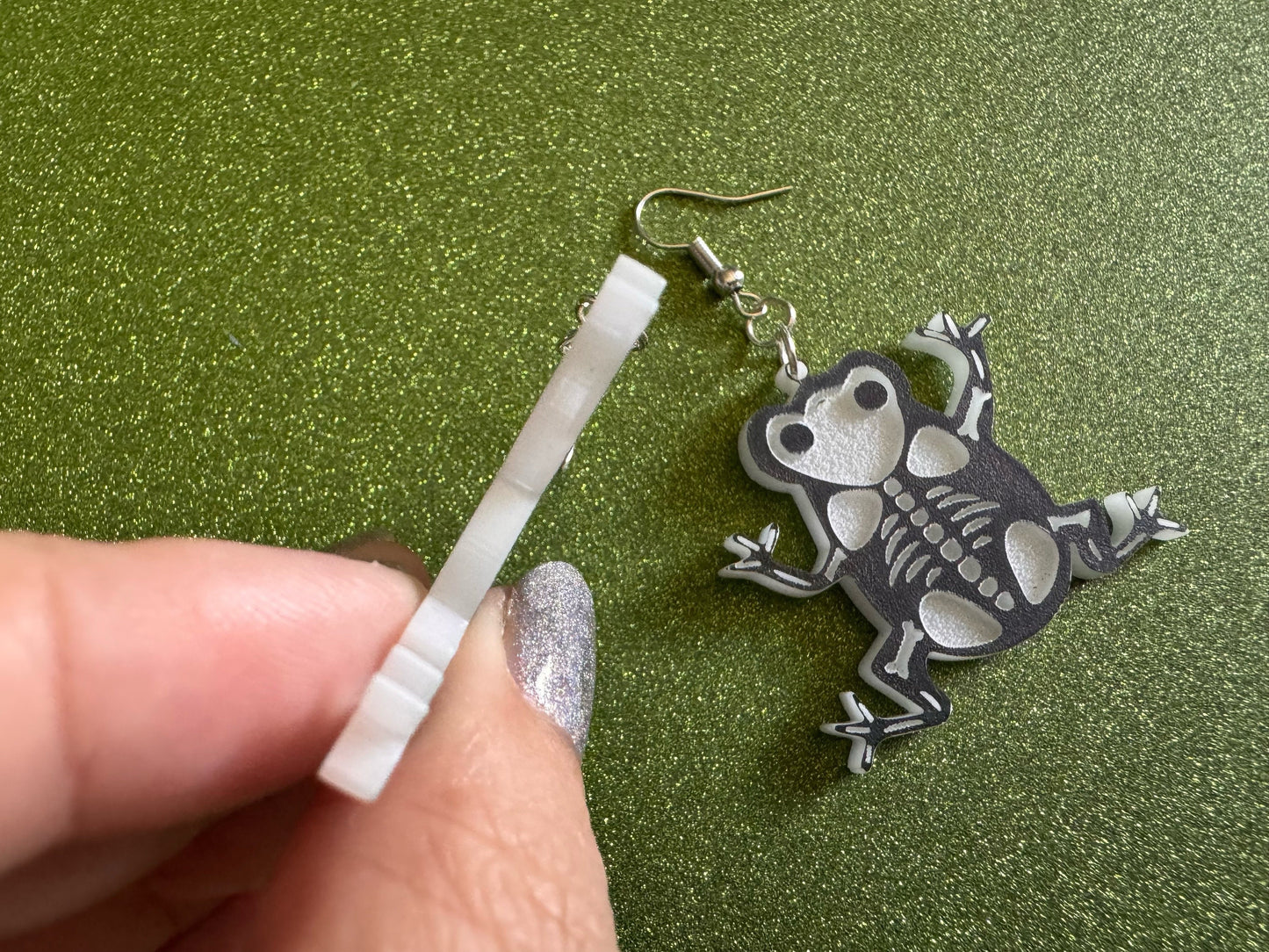 Dainty Halloween Frog Earrings: Laser Cut Acrylic Frogs, Amphibian Skeleton, Novelty Costume Jewelry, Gag Gift, Best Gifts for Her/Him/Them