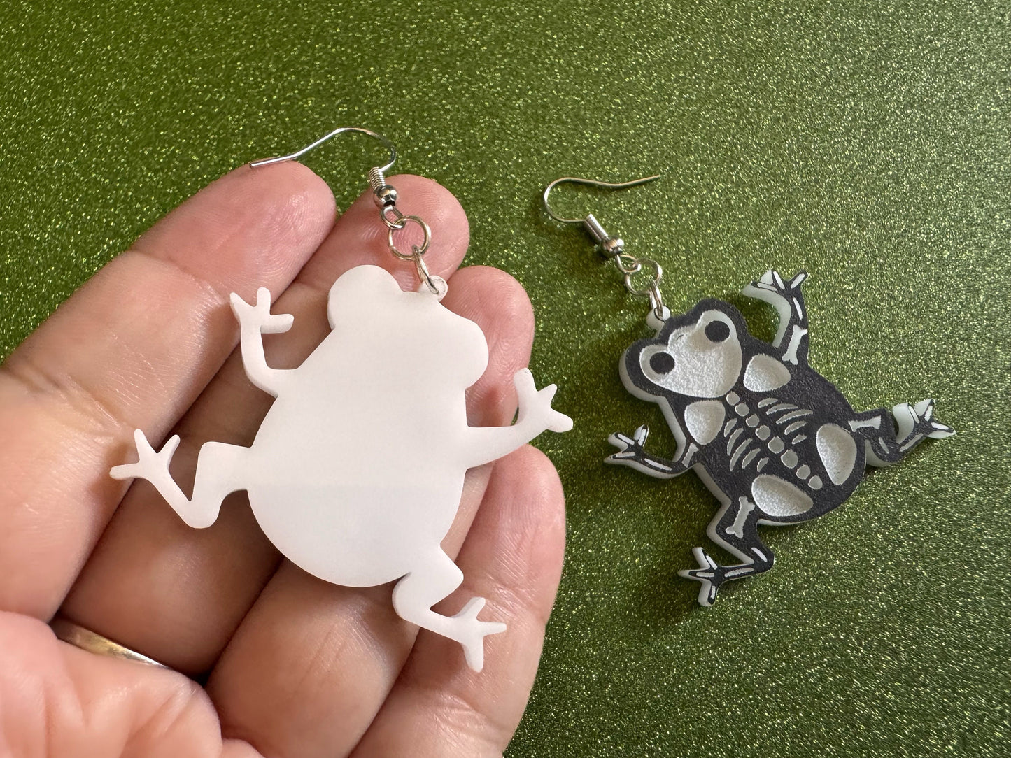 Dainty Halloween Frog Earrings: Laser Cut Acrylic Frogs, Amphibian Skeleton, Novelty Costume Jewelry, Gag Gift, Best Gifts for Her/Him/Them