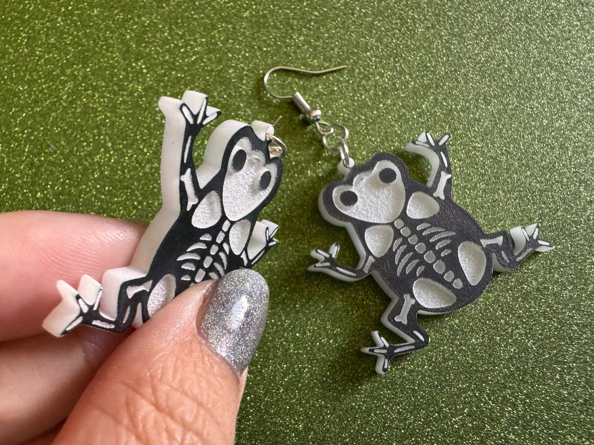 Dainty Halloween Frog Earrings: Laser Cut Acrylic Frogs, Amphibian Skeleton, Novelty Costume Jewelry, Gag Gift, Best Gifts for Her/Him/Them