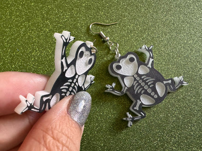 Dainty Halloween Frog Earrings: Laser Cut Acrylic Frogs, Amphibian Skeleton, Novelty Costume Jewelry, Gag Gift, Best Gifts for Her/Him/Them