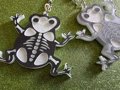 Dainty Halloween Frog Earrings: Laser Cut Acrylic Frogs, Amphibian Skeleton, Novelty Costume Jewelry, Gag Gift, Best Gifts for Her/Him/Them