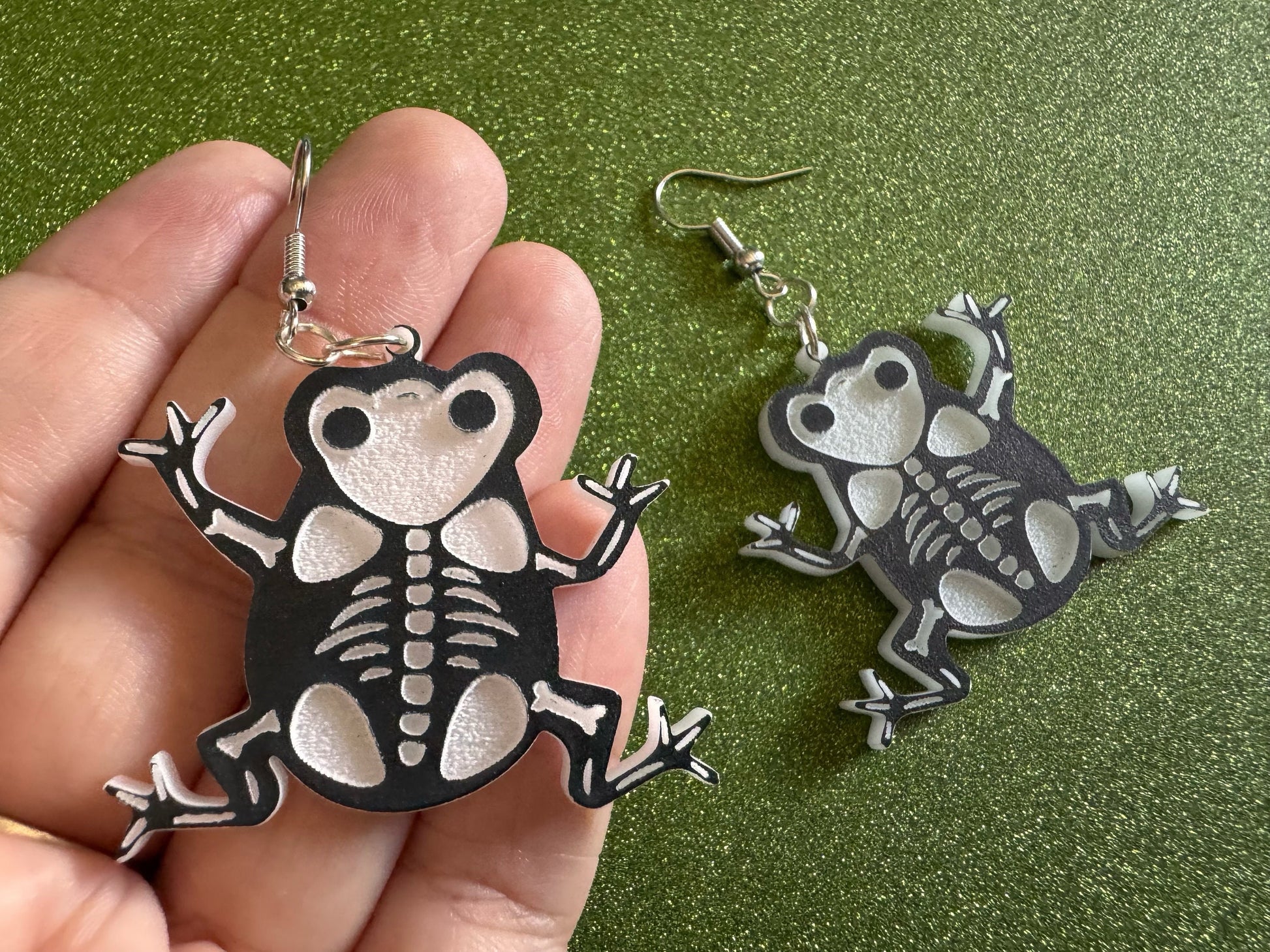 Dainty Halloween Frog Earrings: Laser Cut Acrylic Frogs, Amphibian Skeleton, Novelty Costume Jewelry, Gag Gift, Best Gifts for Her/Him/Them