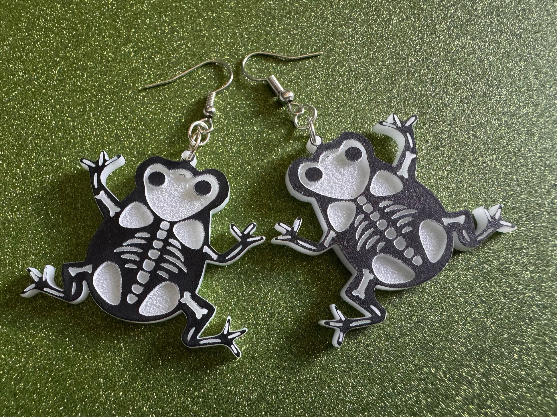 Dainty Halloween Frog Earrings: Laser Cut Acrylic Frogs, Amphibian Skeleton, Novelty Costume Jewelry, Gag Gift, Best Gifts for Her/Him/Them