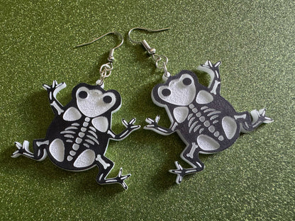 Dainty Halloween Frog Earrings: Laser Cut Acrylic Frogs, Amphibian Skeleton, Novelty Costume Jewelry, Gag Gift, Best Gifts for Her/Him/Them