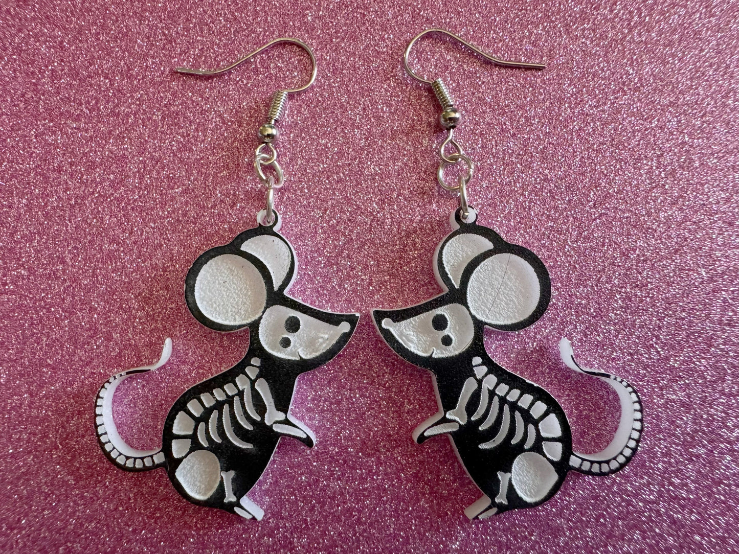 Dainty Halloween Mouse Earrings: Laser Cut Acrylic Mice, Rodent Skeleton, Novelty Costume Jewelry, Gag Gift, Best Gifts for Her/Him/Them