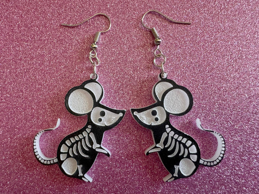 Dainty Halloween Mouse Earrings: Laser Cut Acrylic Mice, Rodent Skeleton, Novelty Costume Jewelry, Gag Gift, Best Gifts for Her/Him/Them