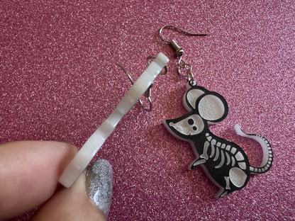 Dainty Halloween Mouse Earrings: Laser Cut Acrylic Mice, Rodent Skeleton, Novelty Costume Jewelry, Gag Gift, Best Gifts for Her/Him/Them