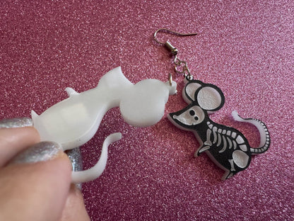 Dainty Halloween Mouse Earrings: Laser Cut Acrylic Mice, Rodent Skeleton, Novelty Costume Jewelry, Gag Gift, Best Gifts for Her/Him/Them