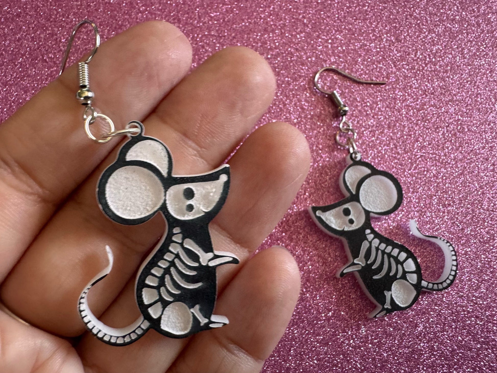 Dainty Halloween Mouse Earrings: Laser Cut Acrylic Mice, Rodent Skeleton, Novelty Costume Jewelry, Gag Gift, Best Gifts for Her/Him/Them