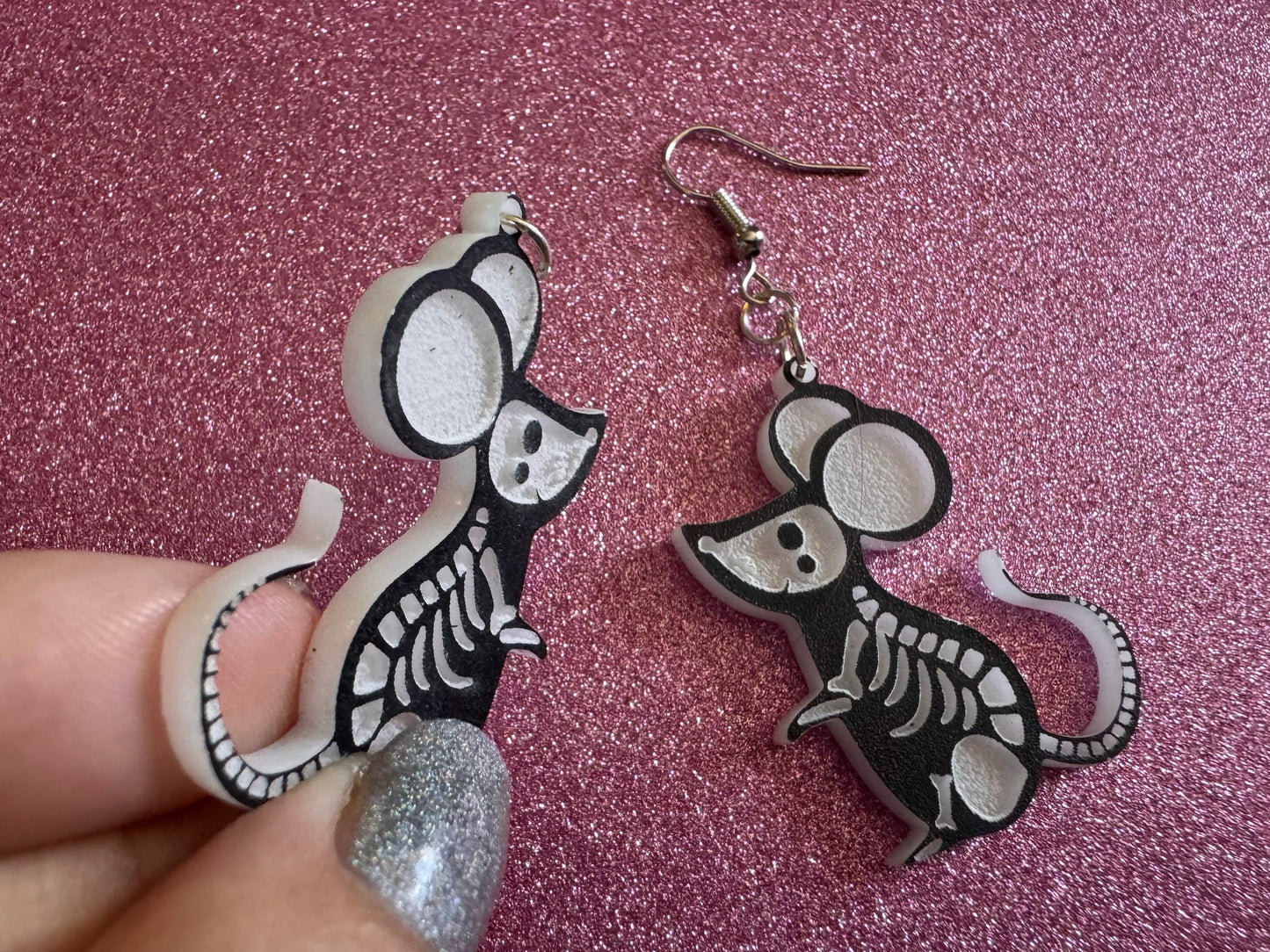 Dainty Halloween Mouse Earrings: Laser Cut Acrylic Mice, Rodent Skeleton, Novelty Costume Jewelry, Gag Gift, Best Gifts for Her/Him/Them